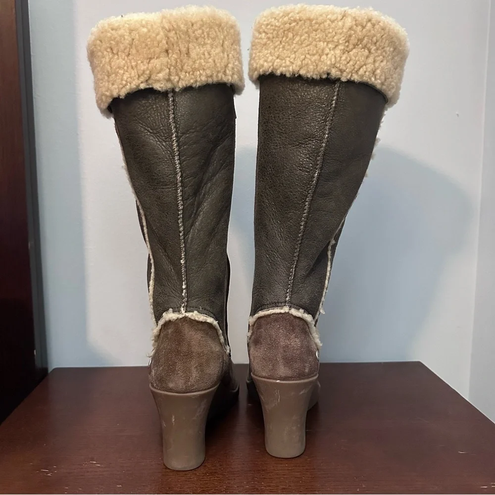 UGG Brown Sandra Leather and Shearling Wedge Knee-High Boots, Sz 9 - Picture 4 of 13